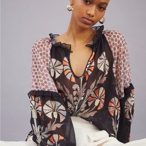 Anthropologie Black and Coral Floral Blouse